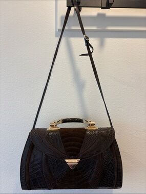 Vintage Italian Brown Leather & Suede Structured Statement Shoulder Bag